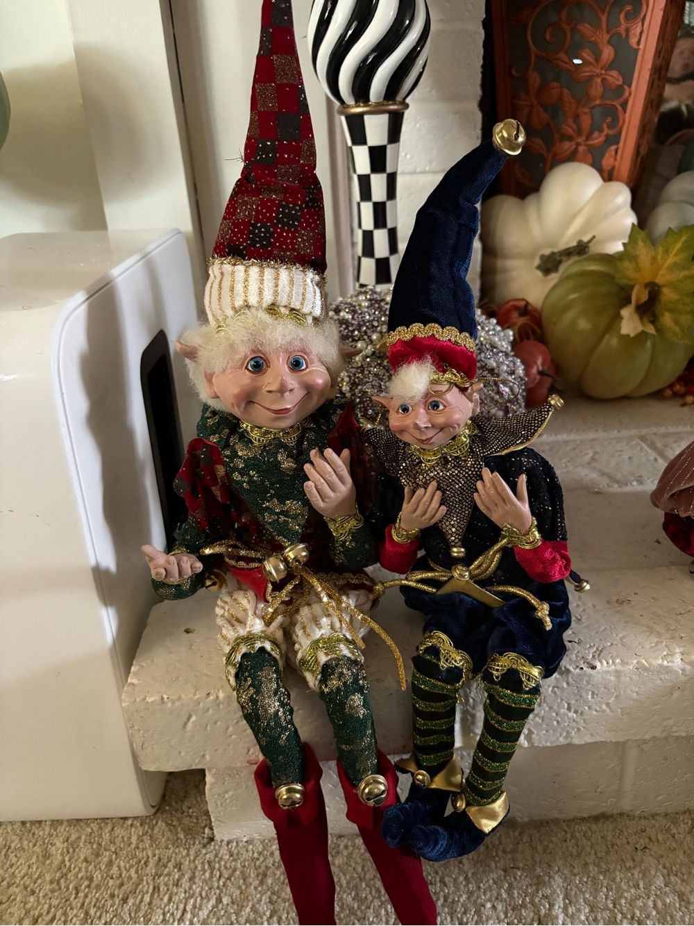 Kurt Adler Festive Jester Elf Doll Pair in Red, Green, Navy
